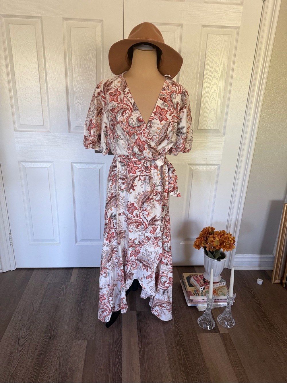 Paisley floral puff sleeve wrap dress